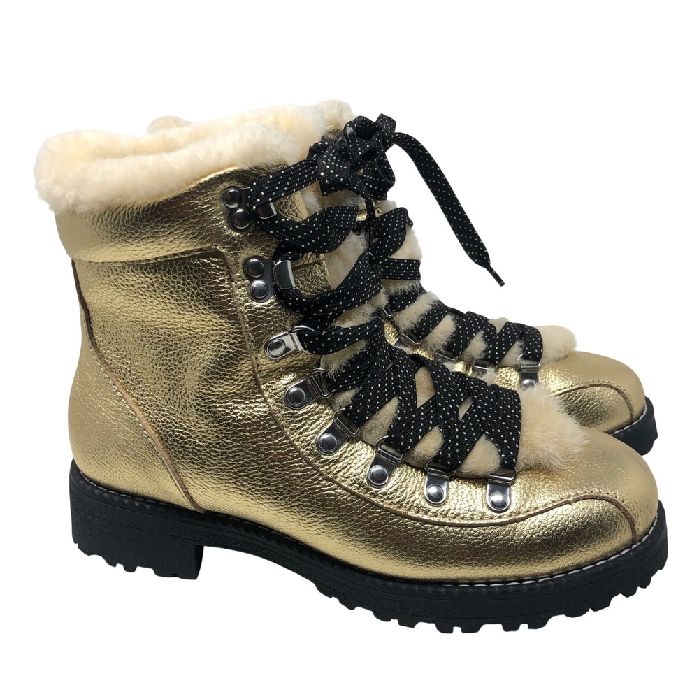 J.Crew Nordic Boots Womens 9 Gold Metallic Faux Fur Trim Lug Sole Glam Statement